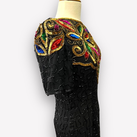 VINTAGE STENAY 1990s SILK AND SEQUIN BEADED BLACK COCKTAIL DRESS SIZE ME… - Picture 12 of 14